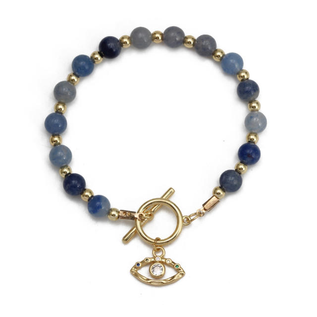 Boho natural stone pearl bead toggle evil eye bracelet