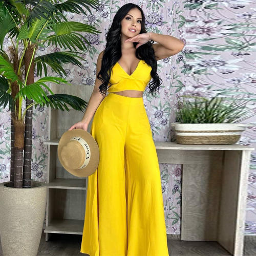 Plain color camisole wide leg pants set