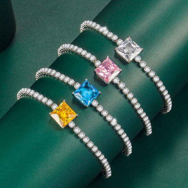 Elegant princess cut cubic zircon copper tennis chain bracelet
