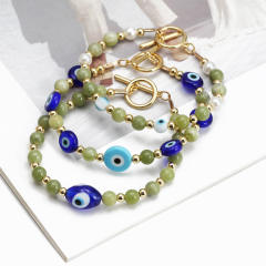 Boho natural stone pearl beads toggle evil eye bracelet