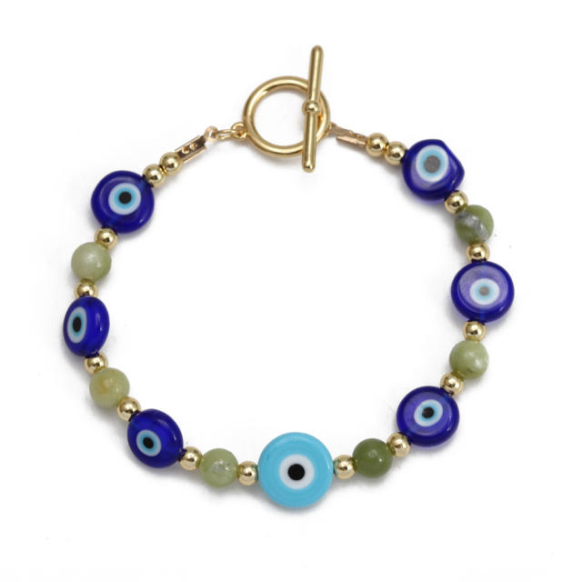 Boho natural stone pearl beads toggle evil eye bracelet