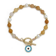 Boho natural stone pearl bead toggle evil eye bracelet