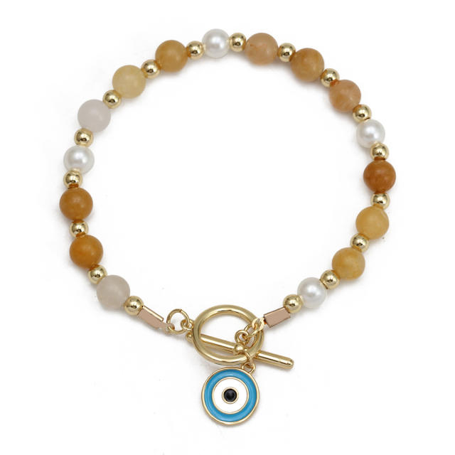 Boho natural stone pearl bead toggle evil eye bracelet