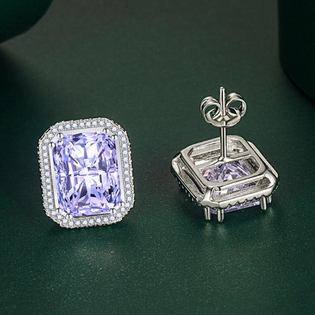 925 needle emerald cut cubic zircon copper studs earrings