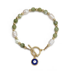 Boho natural stone pearl beads toggle evil eye bracelet