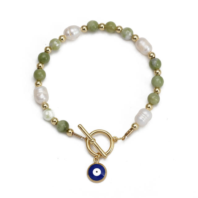 Boho natural stone pearl beads toggle evil eye bracelet