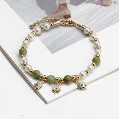 Boho natural stone pearl beads toggle evil eye bracelet
