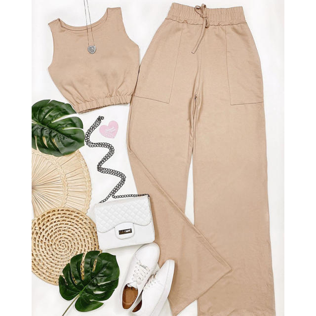 Plain color crop tank top pants set