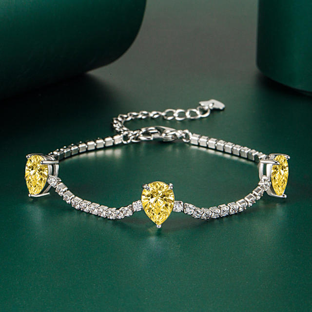 Pear cut color cubic zircon copper tennis chain bracelet