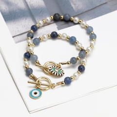 Boho natural stone pearl bead toggle evil eye bracelet