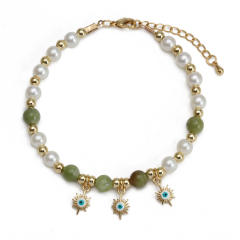 Boho natural stone pearl beads toggle evil eye bracelet