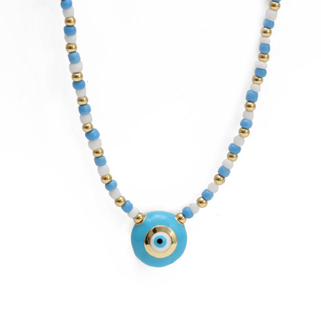 Boho blue color seed bead evil eye necklace