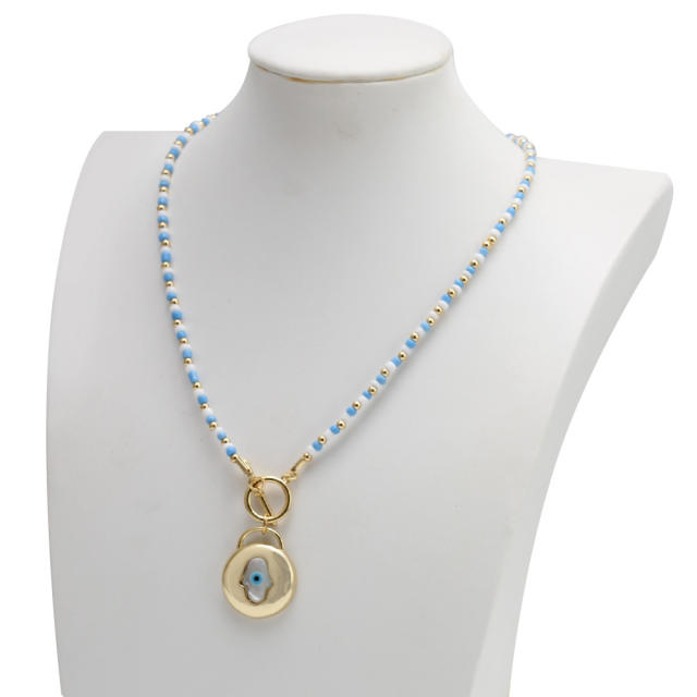 Boho blue color seed bead evil eye necklace