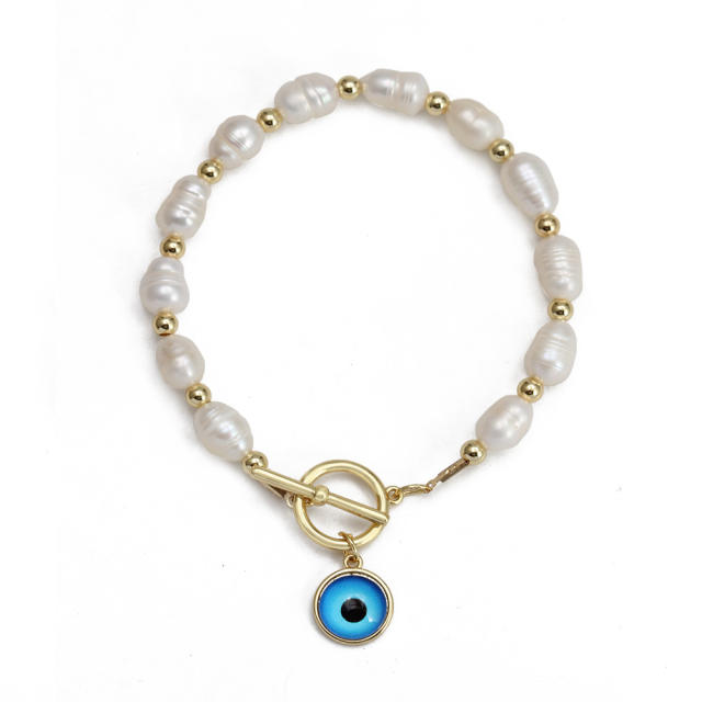Boho natural stone pearl beads toggle evil eye bracelet