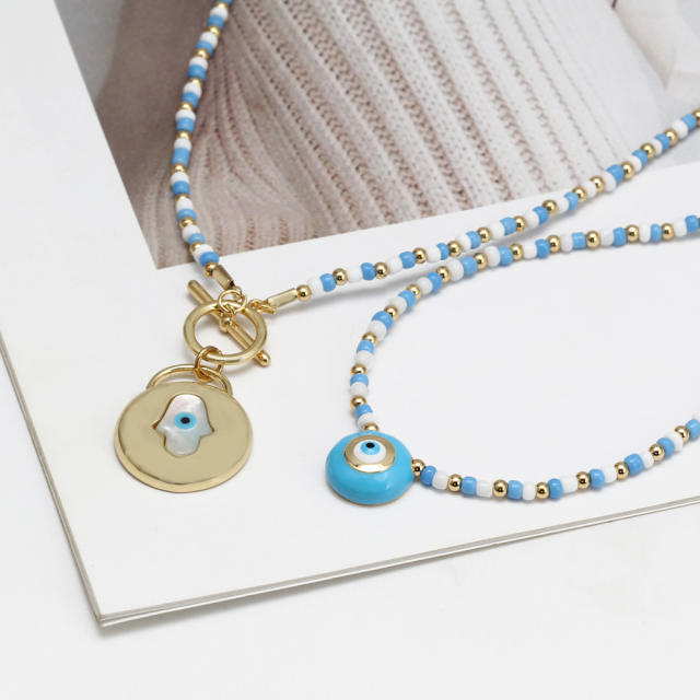 Boho blue color seed bead evil eye necklace