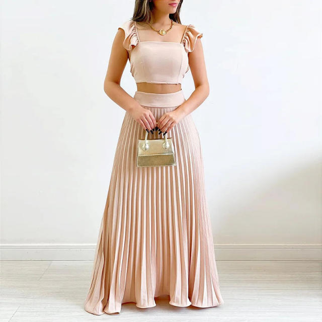 Summer design plain color maxi skirt crop tops set