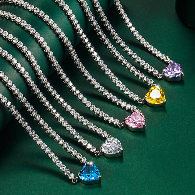 Luxury heart cut cubic zircon tennis chain copper necklace