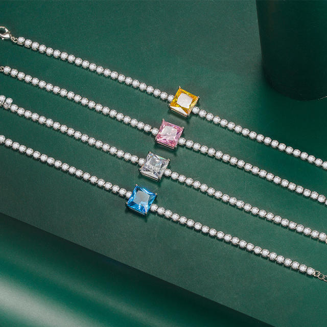 Elegant princess cut cubic zircon copper tennis chain bracelet