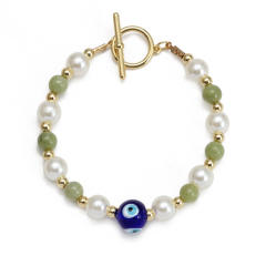 Boho natural stone pearl beads toggle evil eye bracelet