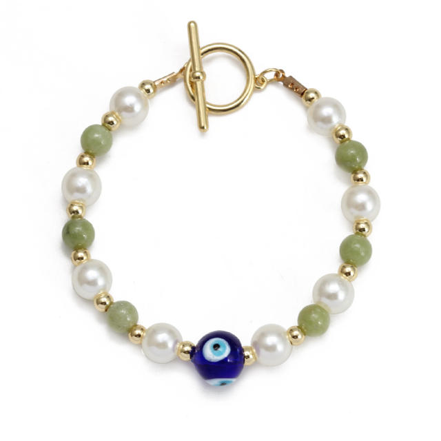 Boho natural stone pearl beads toggle evil eye bracelet
