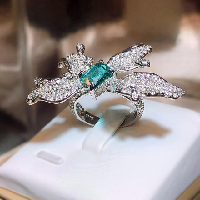 Personality green cubic zircon butterfly adjustable rings