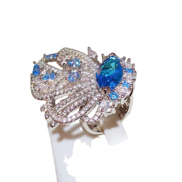 Super delicate pave setting cubic zircon blue butterfly copper rings