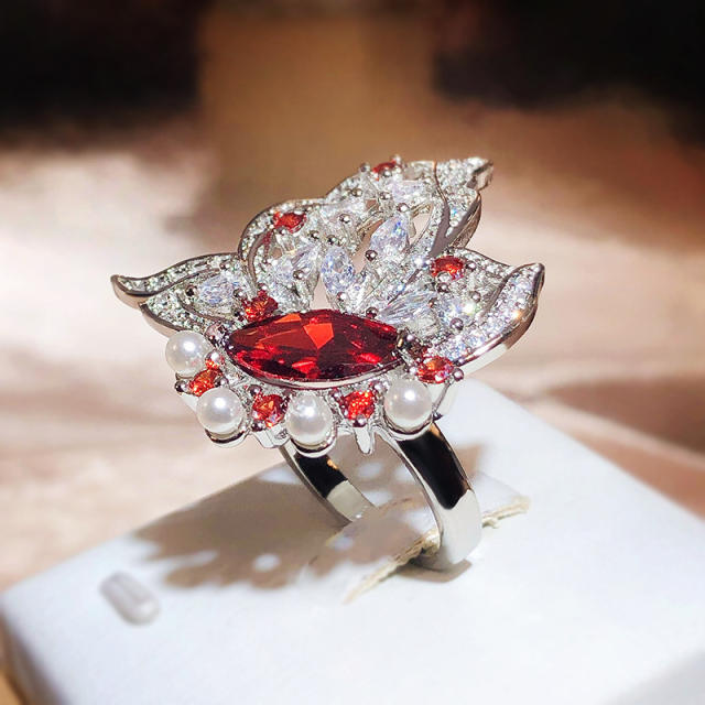 Luxury ruby statement pearl bead flower copper rings