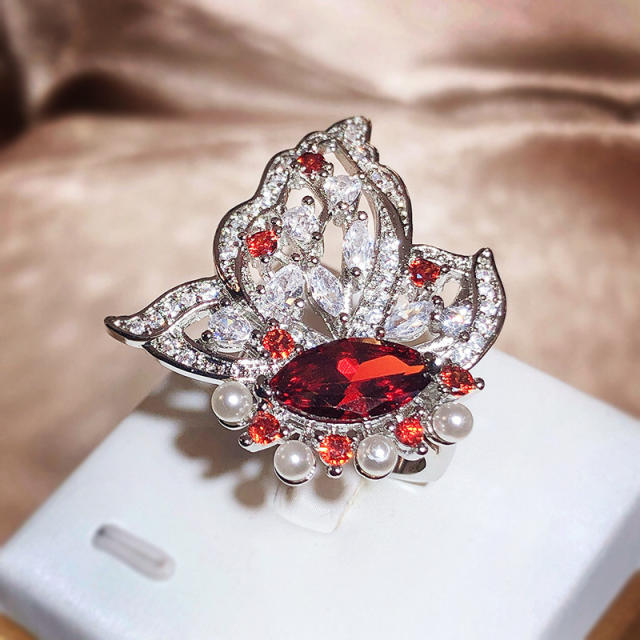 Luxury ruby statement pearl bead flower copper rings