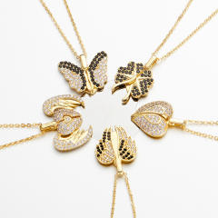Creative rhinestone butterfly wing locket engraved necklace