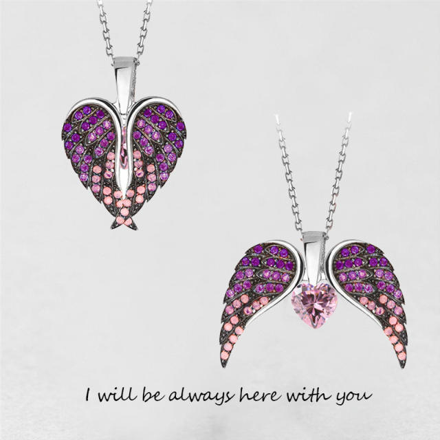 Hot sale locket angel wing color rhinestone mother's day necklace