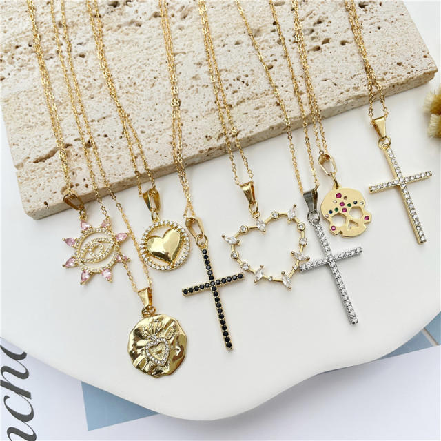 Chic cubic zircon heart diamond cross pendant copper necklace