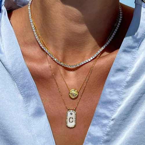 Classic white shell stainless steel initial card pendant necklace