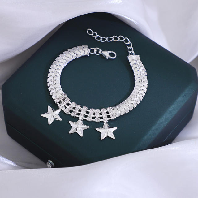 Vintage full rhinestone tennis chain star hasma charm bracelet
