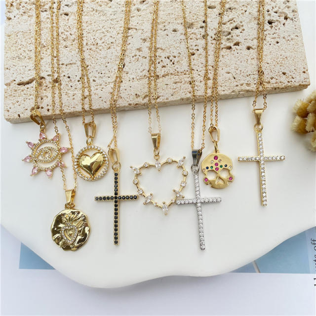 Chic cubic zircon heart diamond cross pendant copper necklace