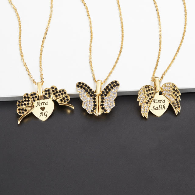 Creative rhinestone butterfly wing locket engraved necklace