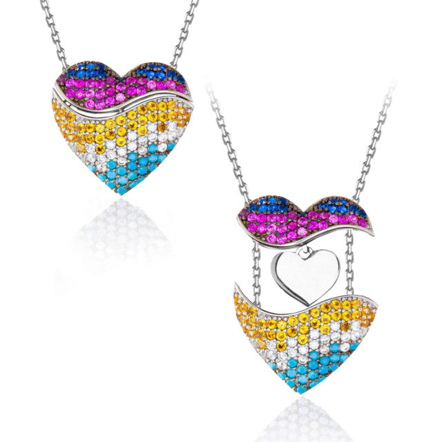 Fashionable colorful rhinestone heart shape locket engraved necklace