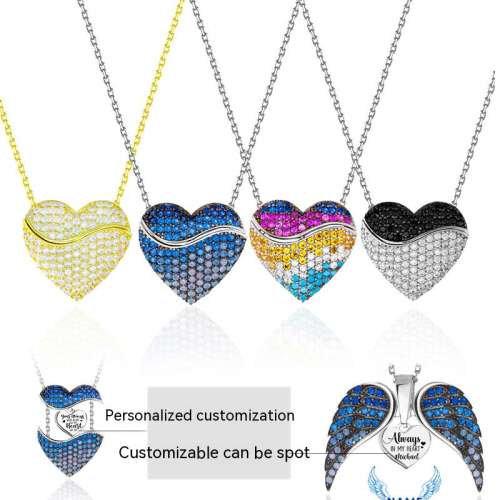 Fashionable colorful rhinestone heart shape locket engraved necklace