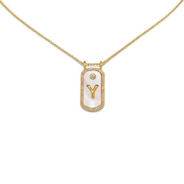 Classic white shell stainless steel initial card pendant necklace