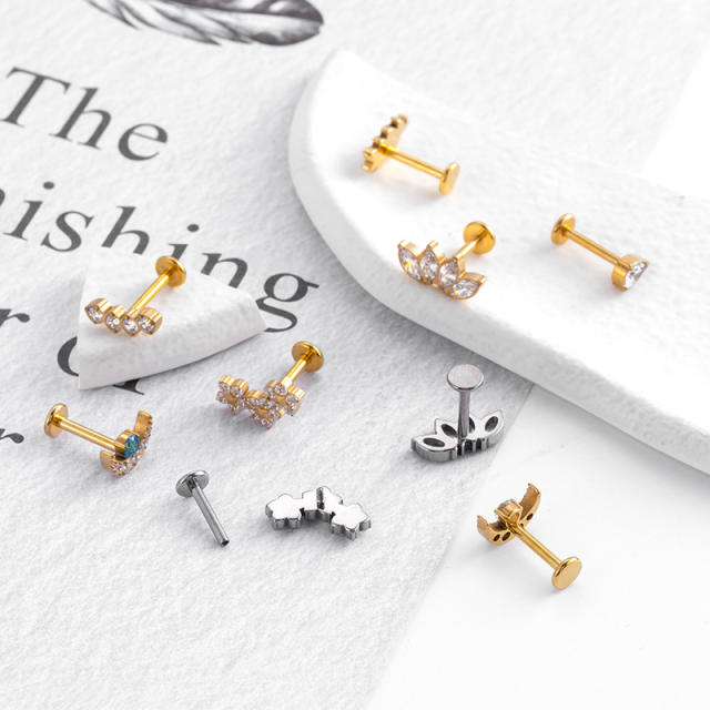 Cubic zircon moon leaf cartilage ear studs(1pcs price)