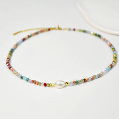 Boho Real pearl colorful crystal beads choker necklace