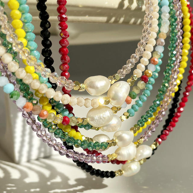 Boho Real pearl colorful crystal beads choker necklace