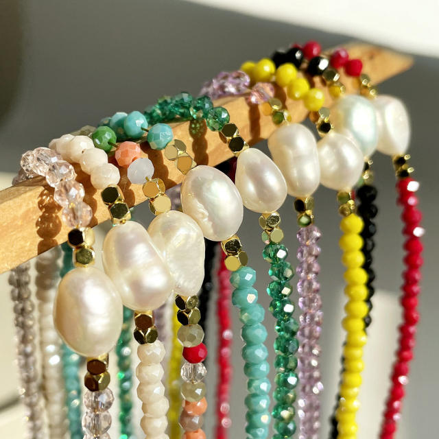 Boho Real pearl colorful crystal beads choker necklace