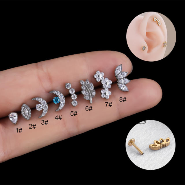 Cubic zircon moon leaf cartilage ear studs(1pcs price)