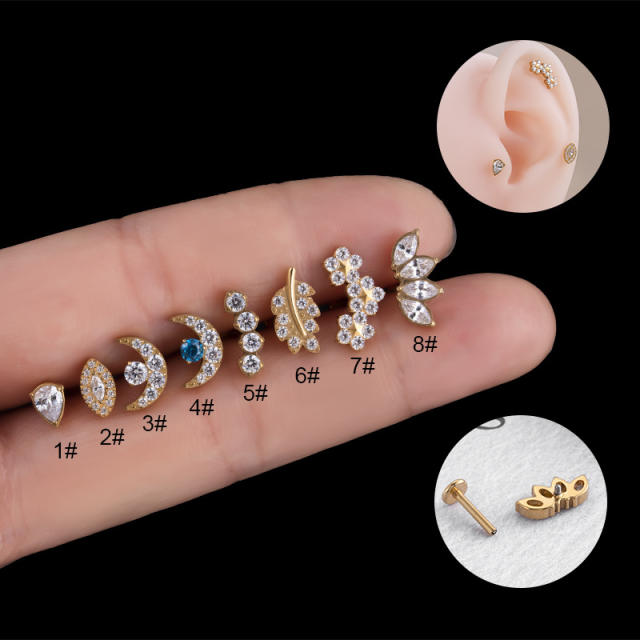 Cubic zircon moon leaf cartilage ear studs(1pcs price)