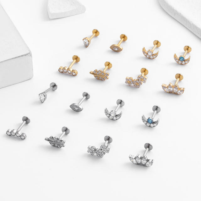 Cubic zircon moon leaf cartilage ear studs(1pcs price)