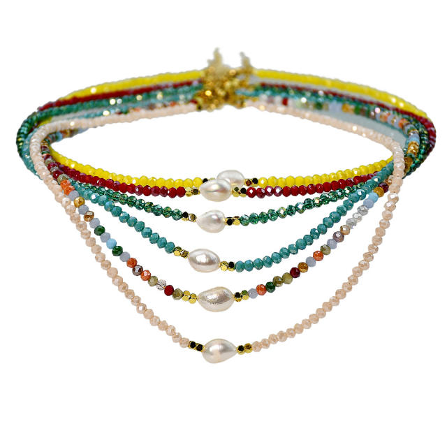Boho Real pearl colorful crystal beads choker necklace
