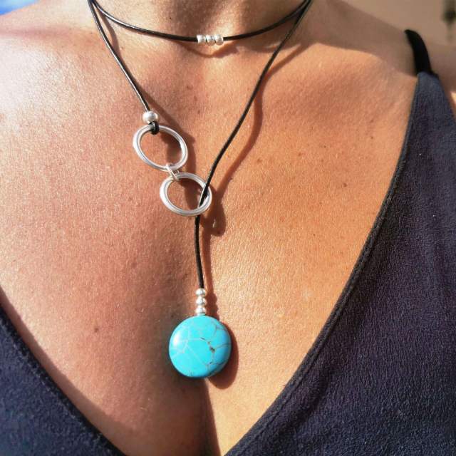 Vintage silver circle turquoise adjustable necklace