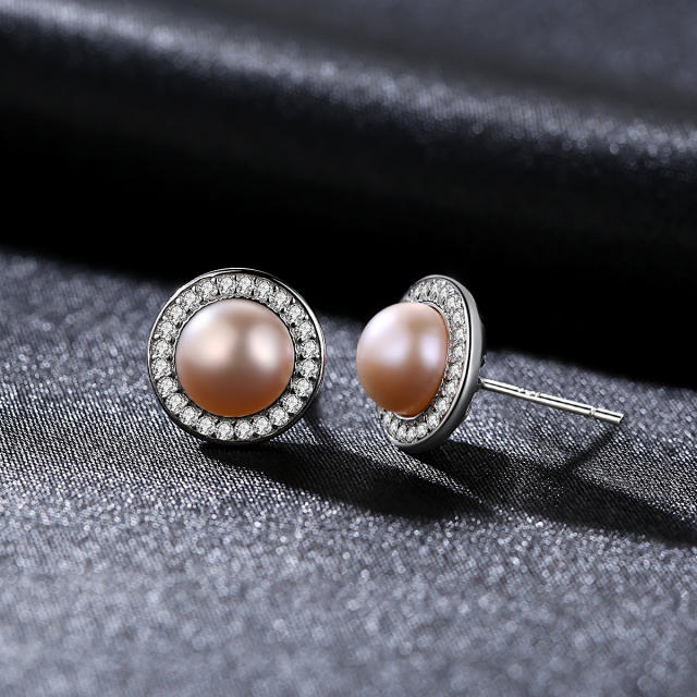 Chic design sterling silver real pearl studs earrings