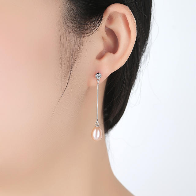 Sterling silver real pearl long earrings