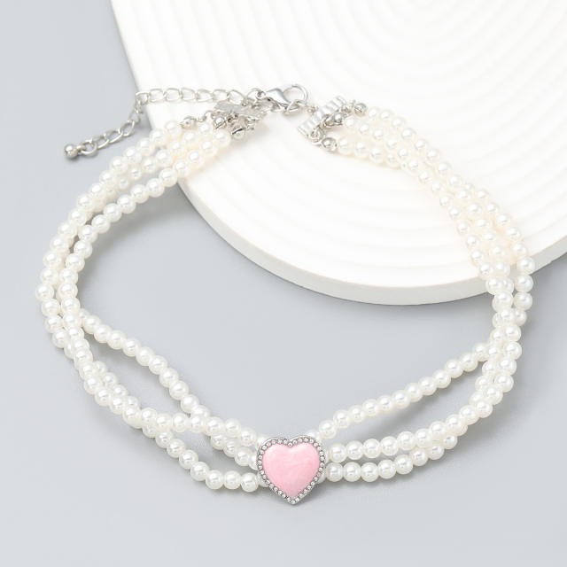 Hiphop faux pearl enamel heart choker necklace